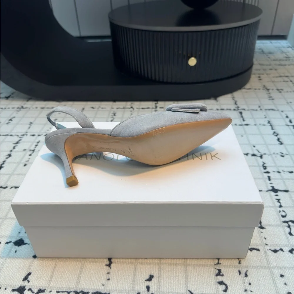 Manolo Blahnik Light Gray Suede Pointed Slingback Pumps with Buckle